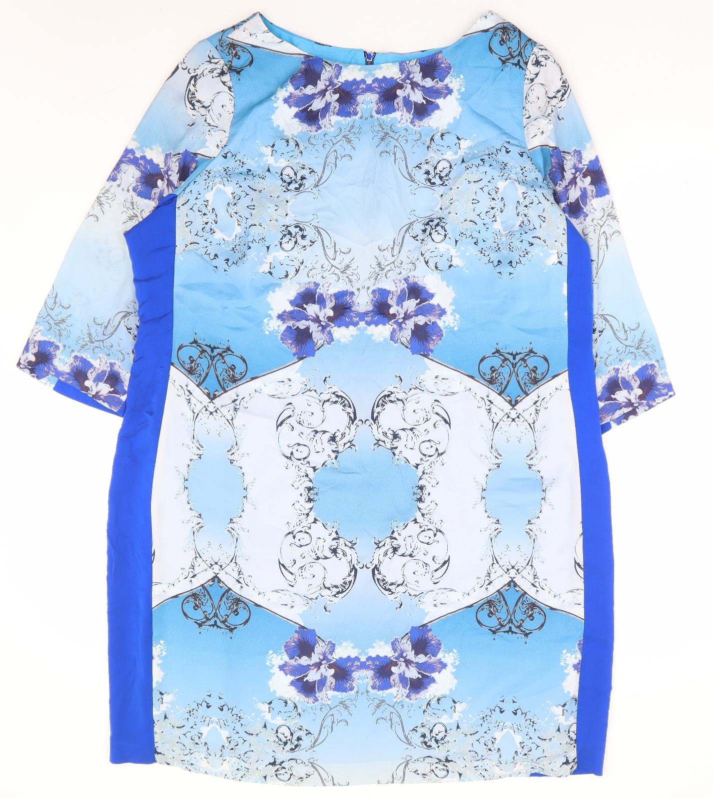 Marks and Spencer Womens Blue Floral Polyester Shift Size 20 Boat Neck Zip