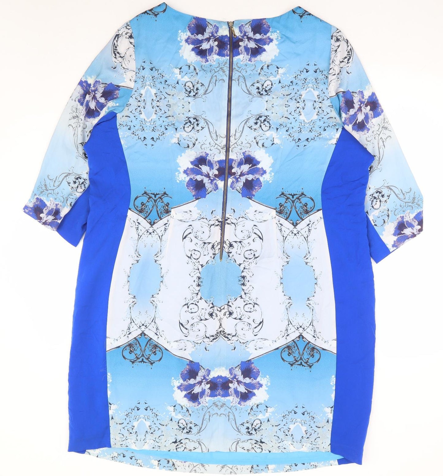 Marks and Spencer Womens Blue Floral Polyester Shift Size 20 Boat Neck Zip