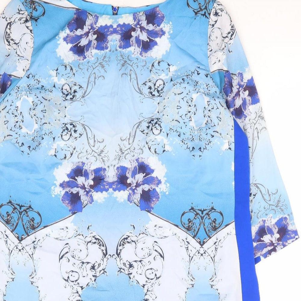 Marks and Spencer Womens Blue Floral Polyester Shift Size 20 Boat Neck Zip