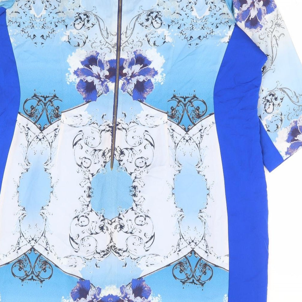 Marks and Spencer Womens Blue Floral Polyester Shift Size 20 Boat Neck Zip