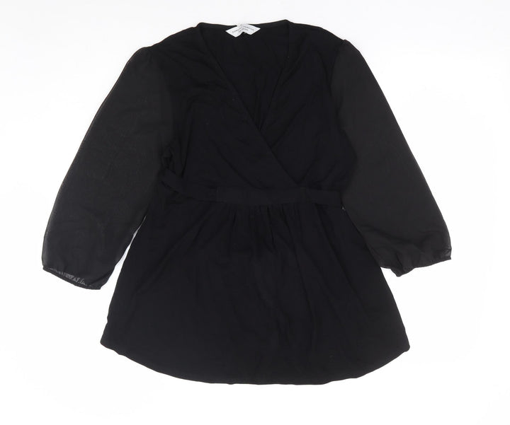 Dorothy Perkins Womens Black Viscose Basic Blouse Size 12 V-Neck - Chiffon Sleeve