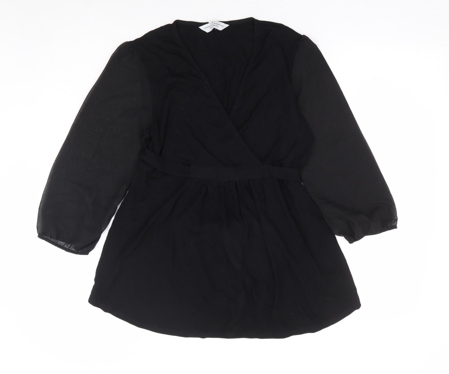 Dorothy Perkins Womens Black Viscose Basic Blouse Size 12 V-Neck - Chiffon Sleeve