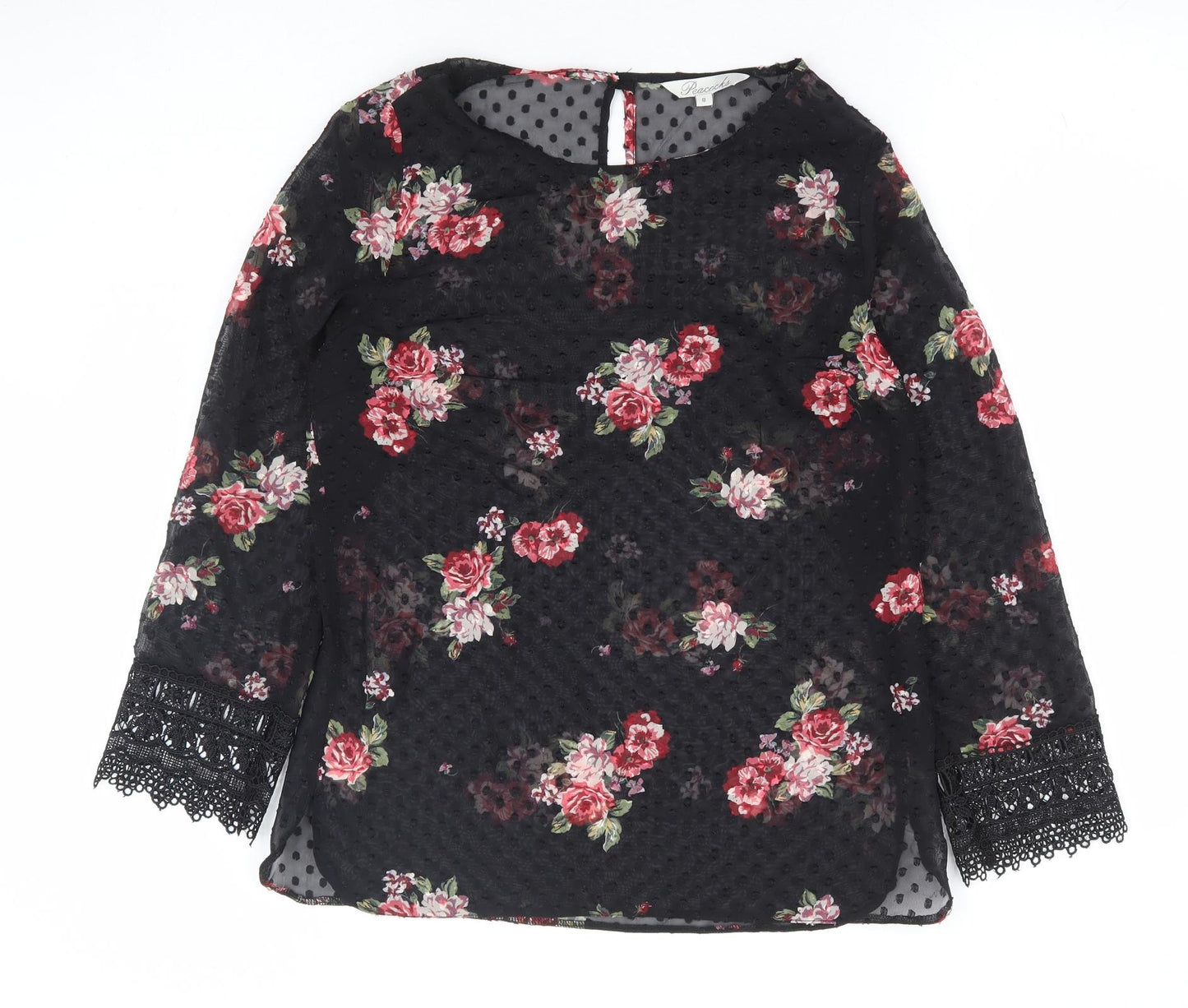 Peacocks Womens Black Floral Polyester Basic Blouse Size 8 Round Neck - Lace Sleeve Trim