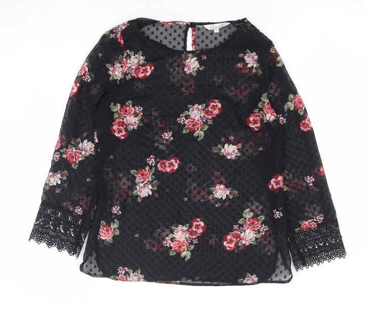 Peacocks Womens Black Floral Polyester Basic Blouse Size 8 Round Neck - Lace Sleeve Trim