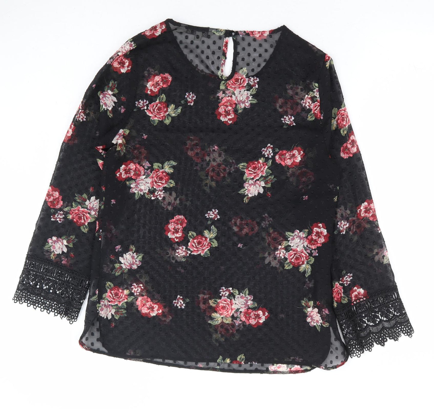 Peacocks Womens Black Floral Polyester Basic Blouse Size 8 Round Neck - Lace Sleeve Trim
