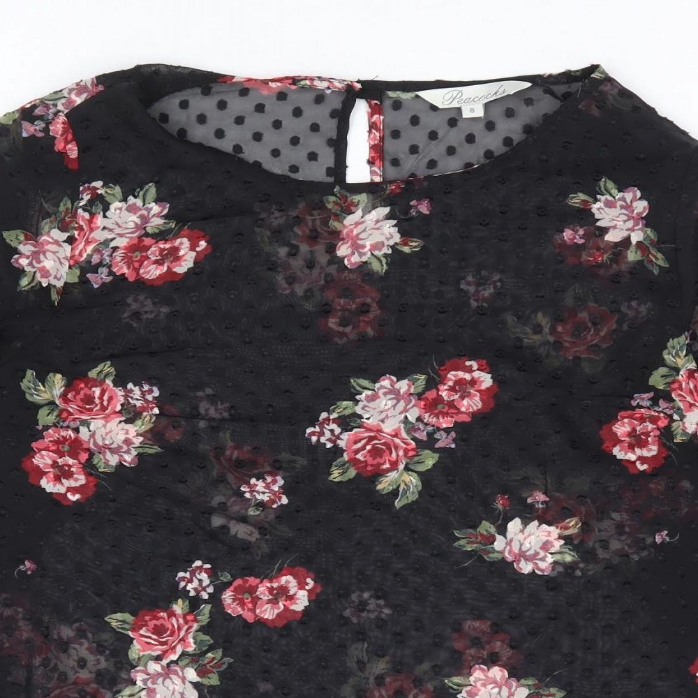 Peacocks Womens Black Floral Polyester Basic Blouse Size 8 Round Neck - Lace Sleeve Trim