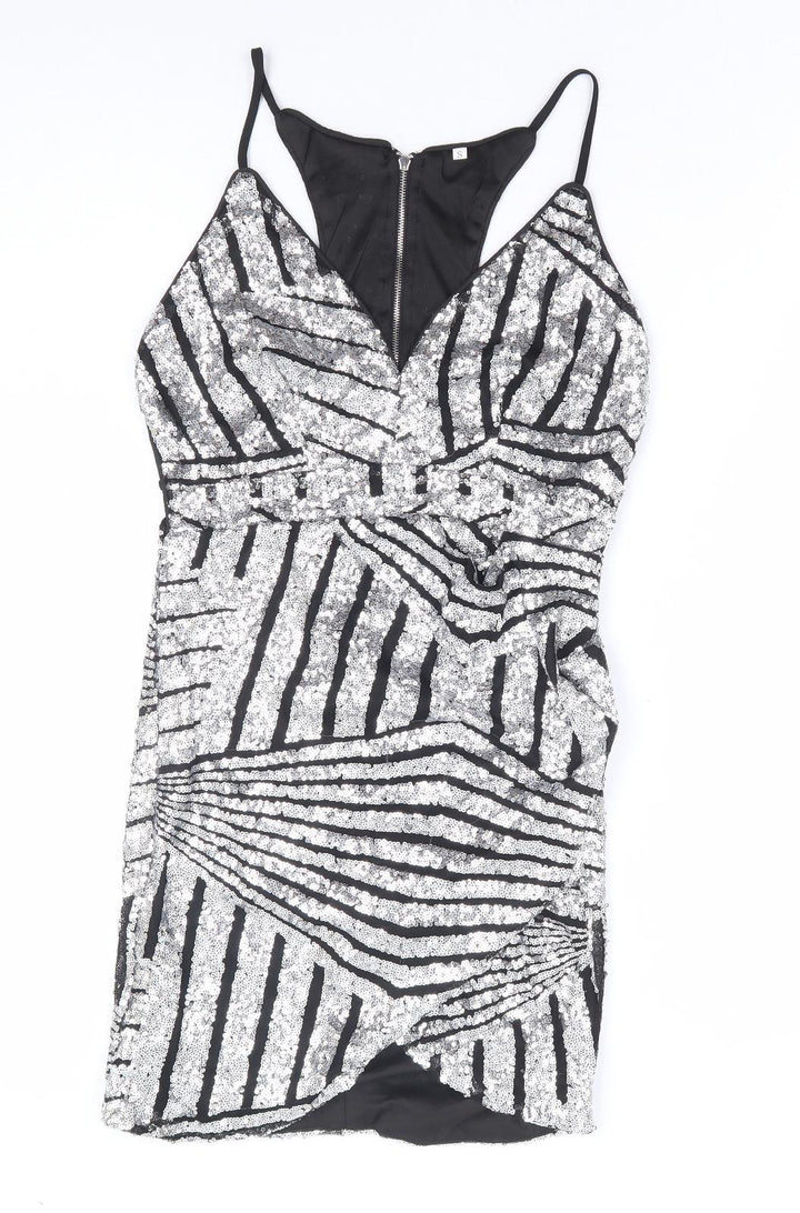 Preworn Womens Silver Geometric Polyester Bodycon Size S V-Neck Zip