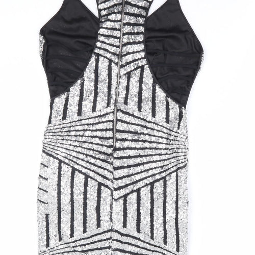 Preworn Womens Silver Geometric Polyester Bodycon Size S V-Neck Zip