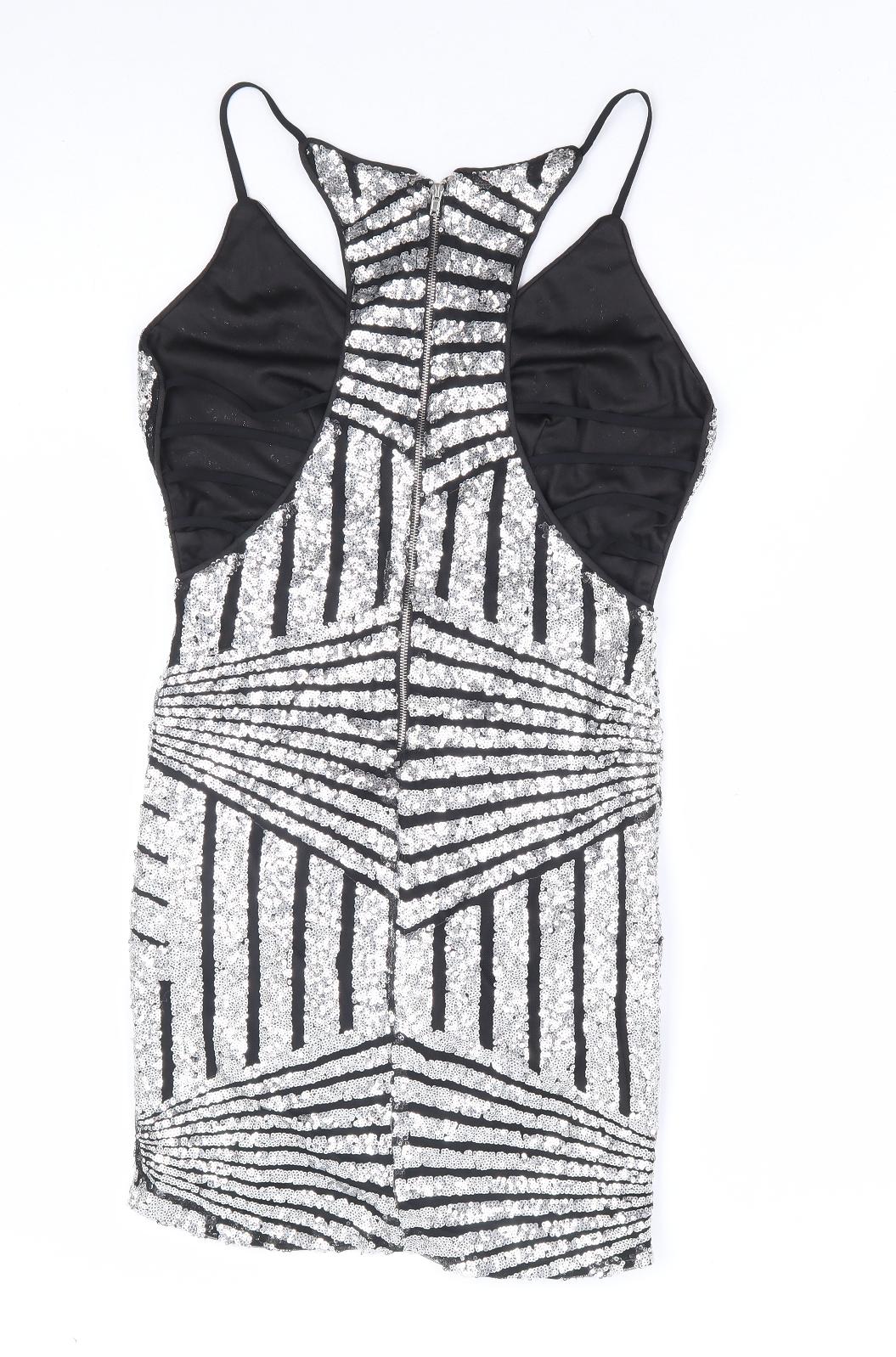 Preworn Womens Silver Geometric Polyester Bodycon Size S V-Neck Zip