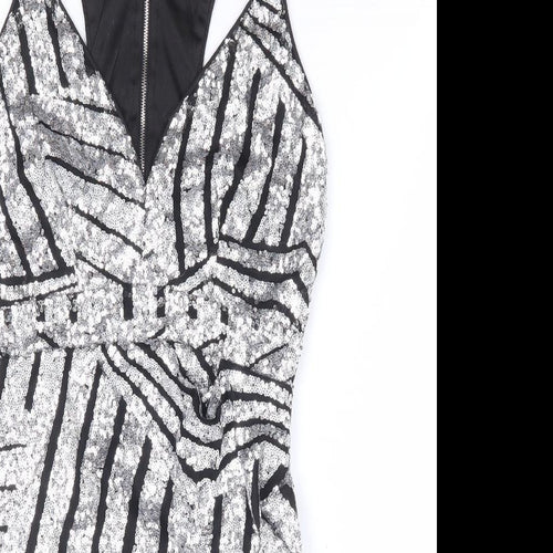 Preworn Womens Silver Geometric Polyester Bodycon Size S V-Neck Zip