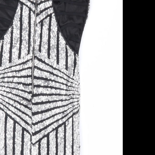 Preworn Womens Silver Geometric Polyester Bodycon Size S V-Neck Zip