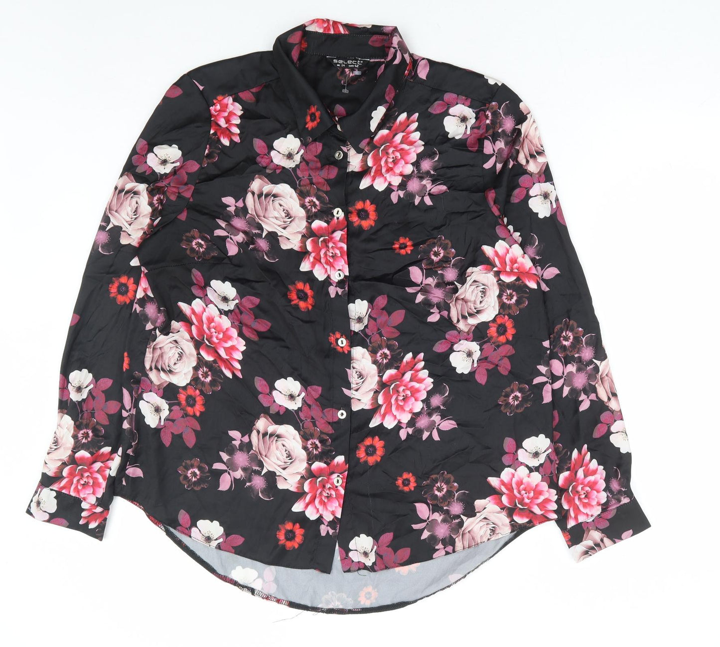 Select Womens Black Floral Polyester Basic Button-Up Size 14 Collared