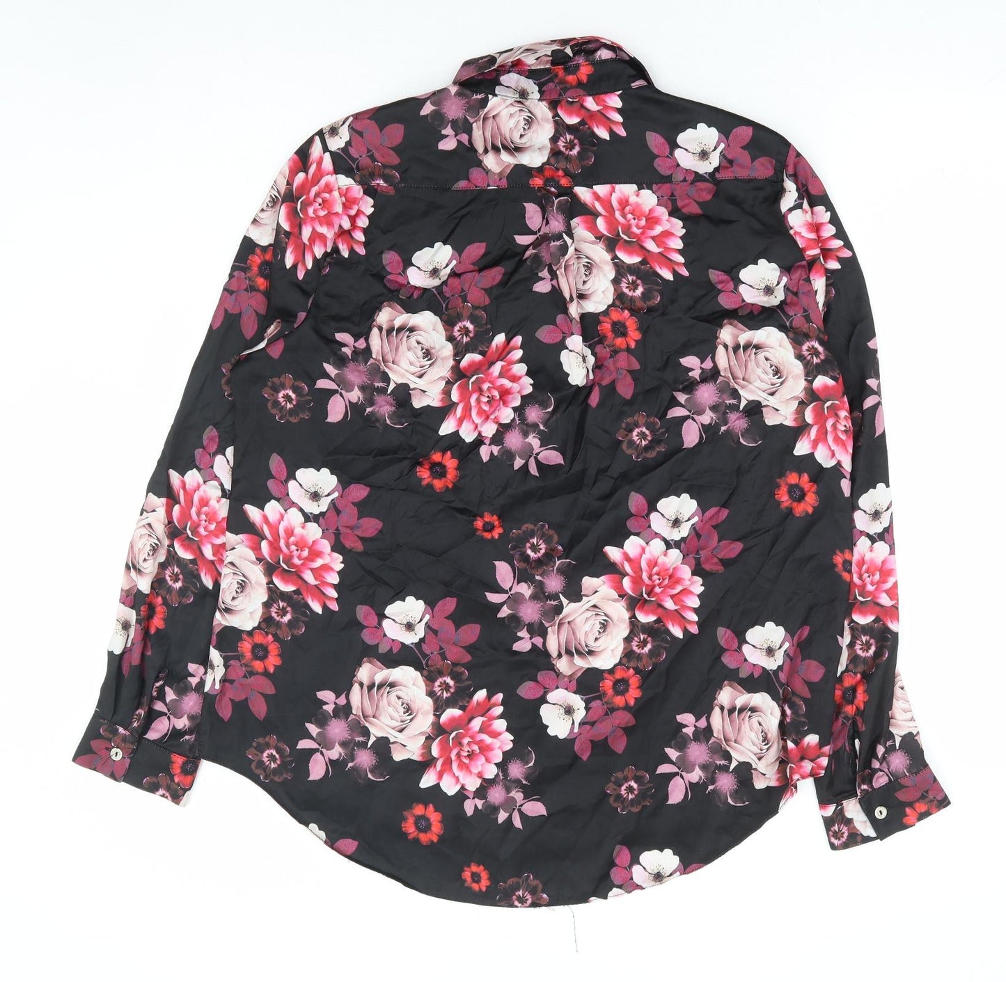 Select Womens Black Floral Polyester Basic Button-Up Size 14 Collared