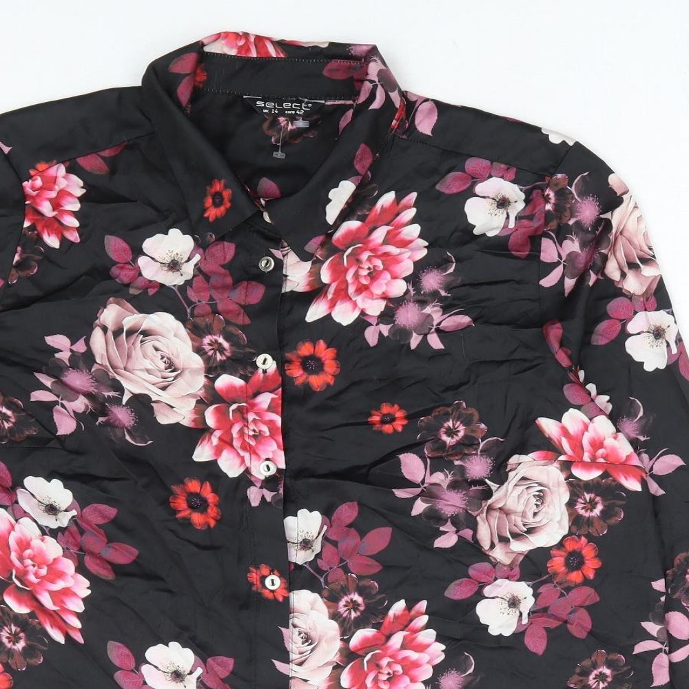 Select Womens Black Floral Polyester Basic Button-Up Size 14 Collared