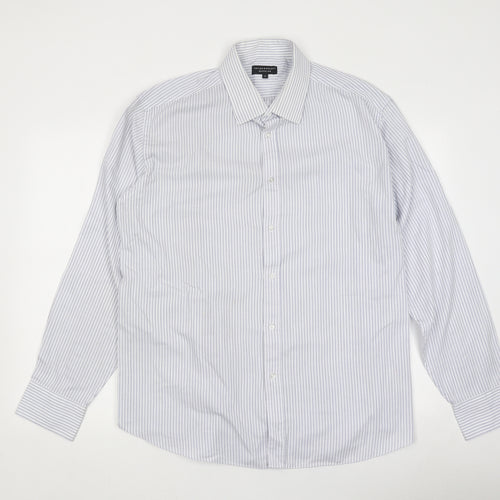 Taylor & Wright Mens Blue Striped Polyester Button-Up Size 21 Collared Button