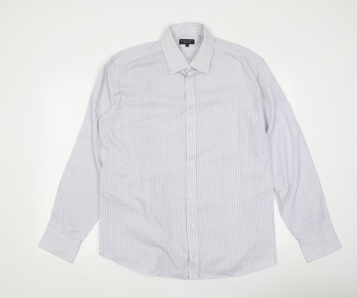 Taylor & Wright Mens Blue Striped Polyester Button-Up Size 21 Collared Button