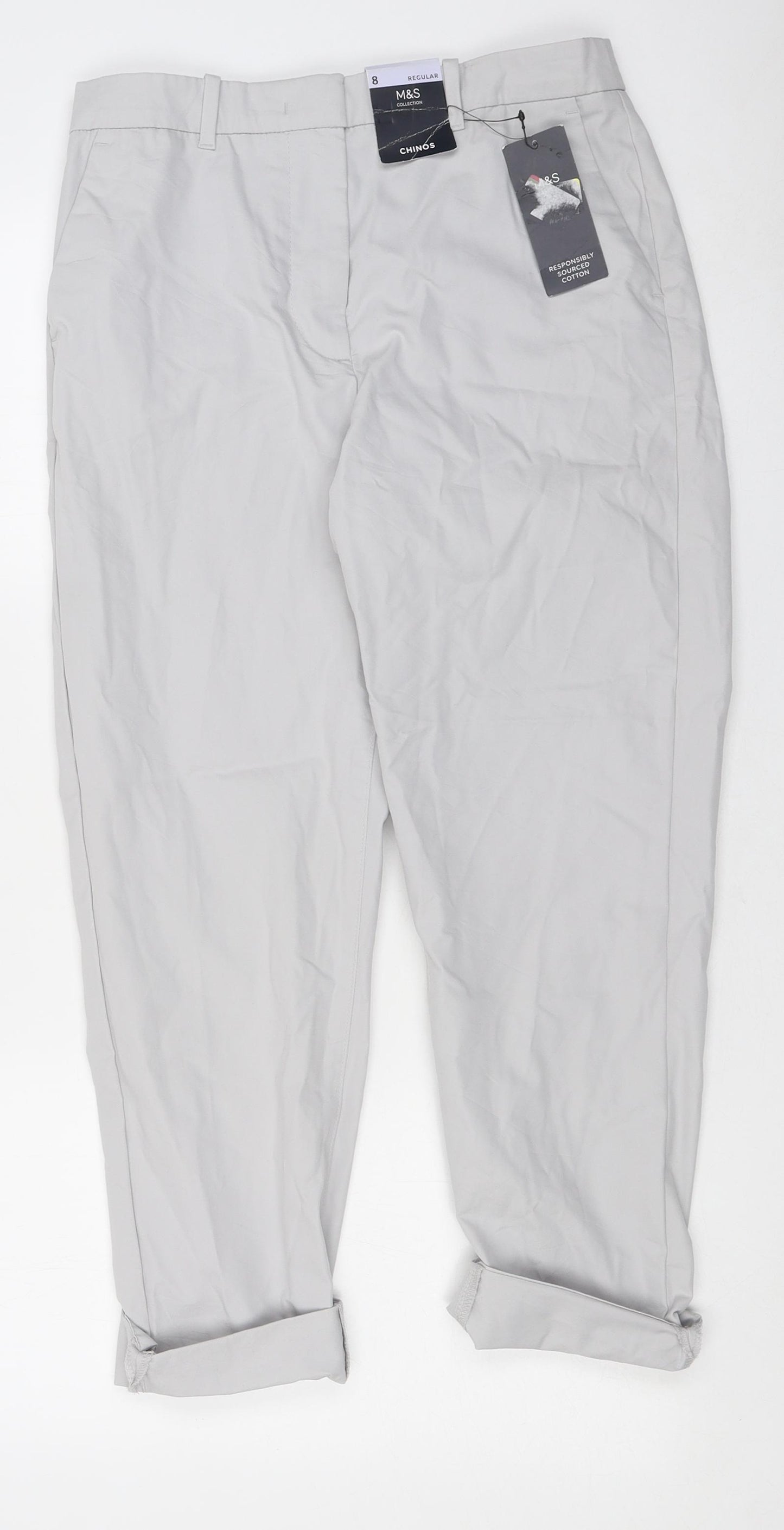 Marks and Spencer Womens Grey Polyester Chino Trousers Size 8 L35 in Regular Zip
