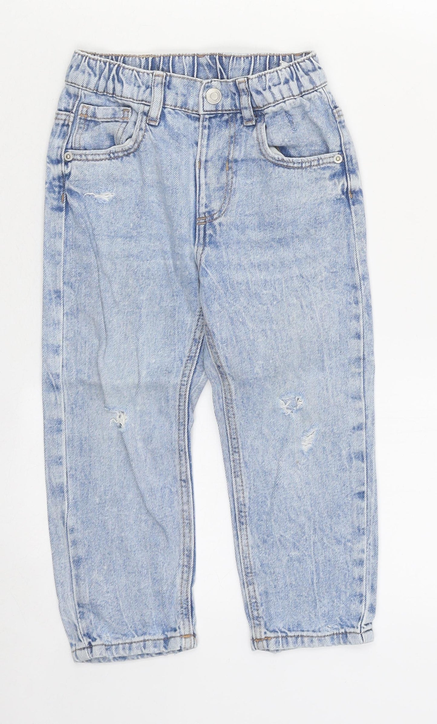 Zara Girls Blue Cotton Straight Jeans Size 3-4 Years Regular Zip - Distressed