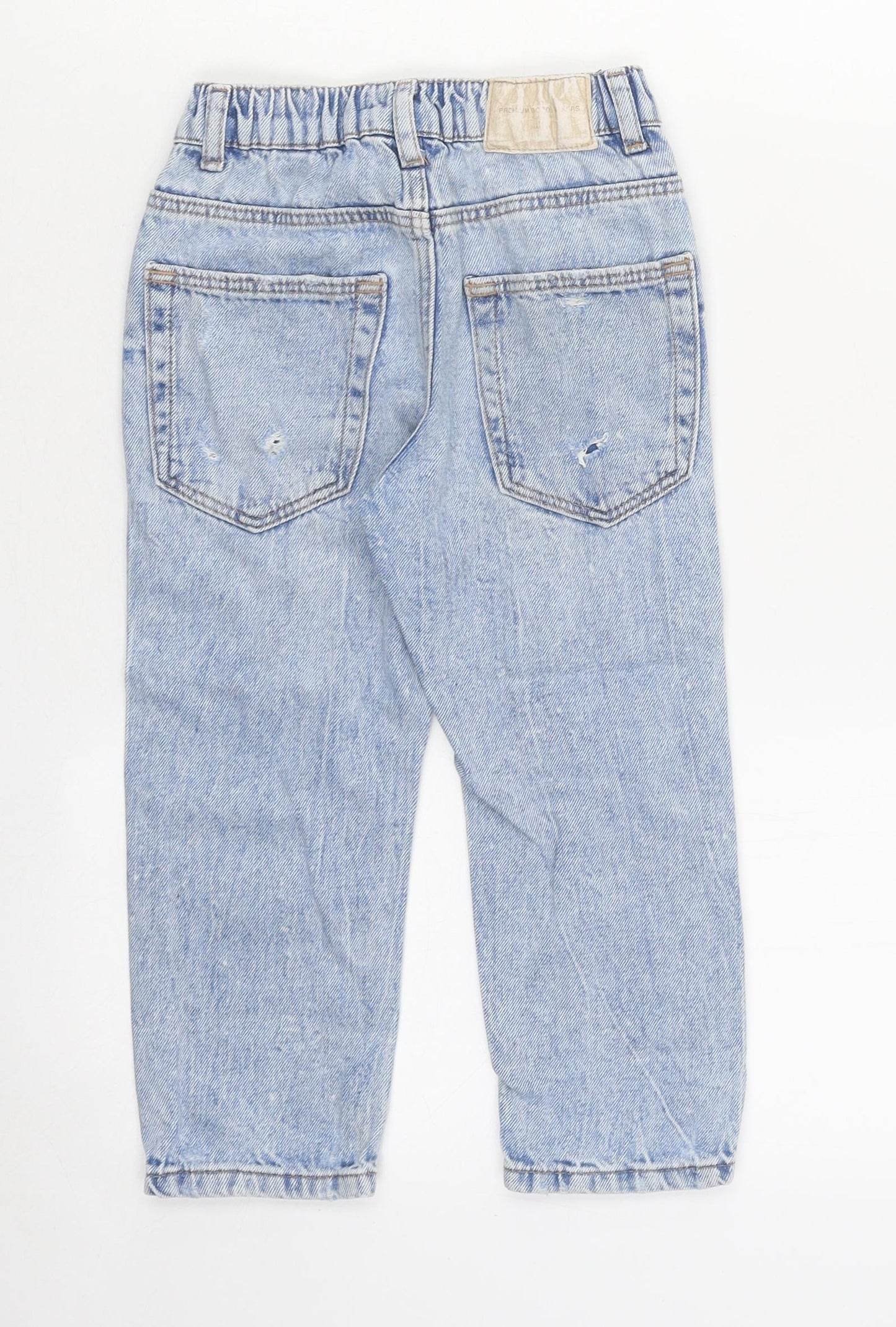 Zara Girls Blue Cotton Straight Jeans Size 3-4 Years Regular Zip - Distressed