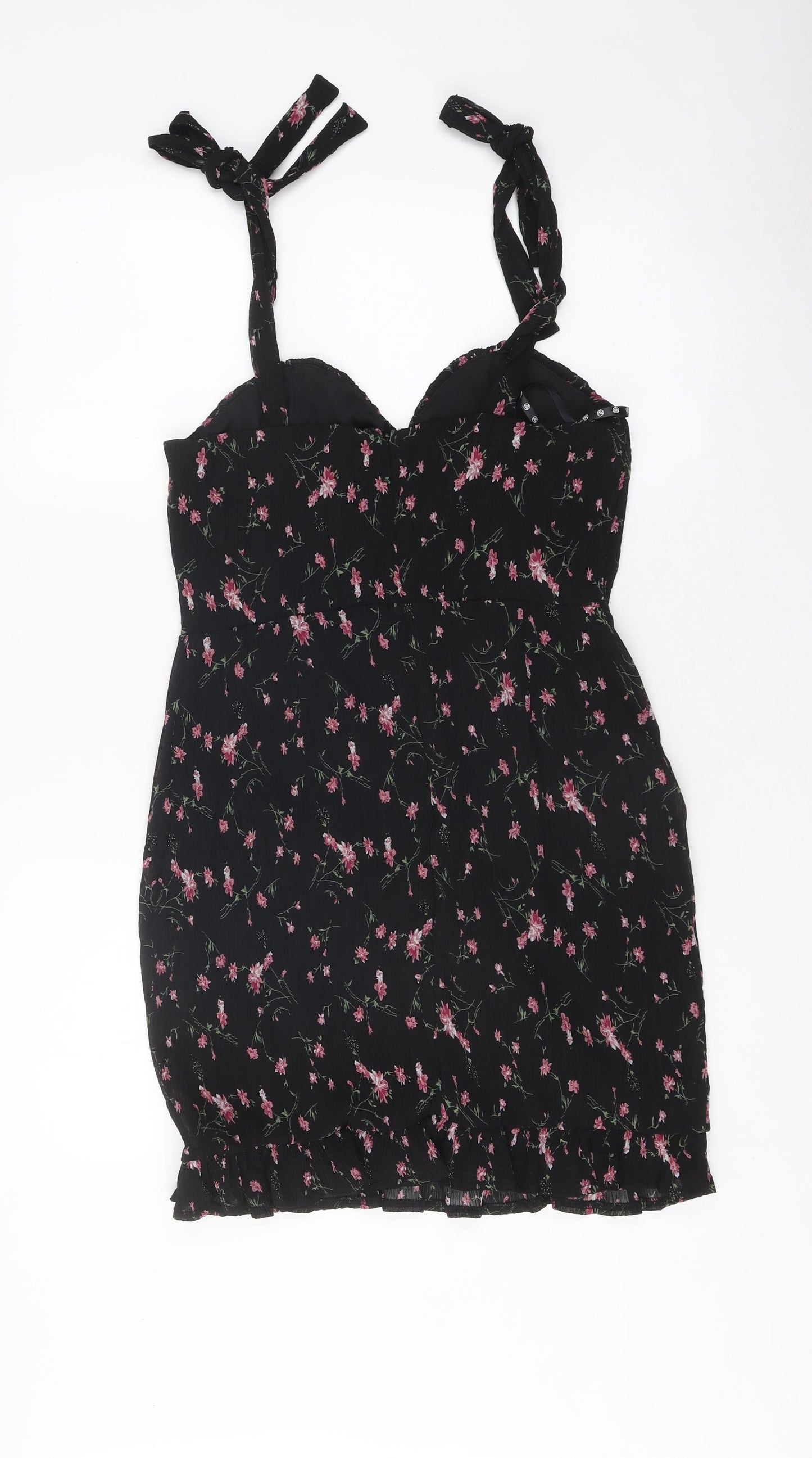 Missguided Womens Black Floral Polyester Bodycon Size 8 Sweetheart Zip