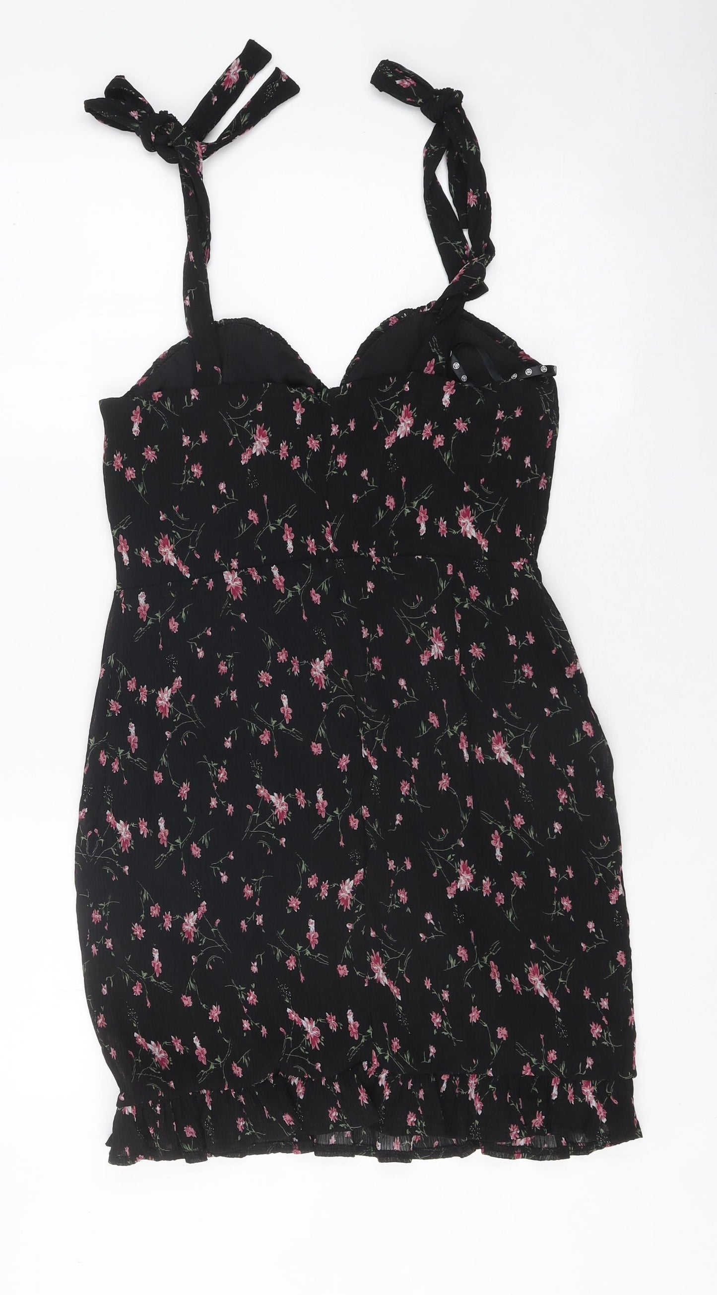 Missguided Womens Black Floral Polyester Bodycon Size 8 Sweetheart Zip