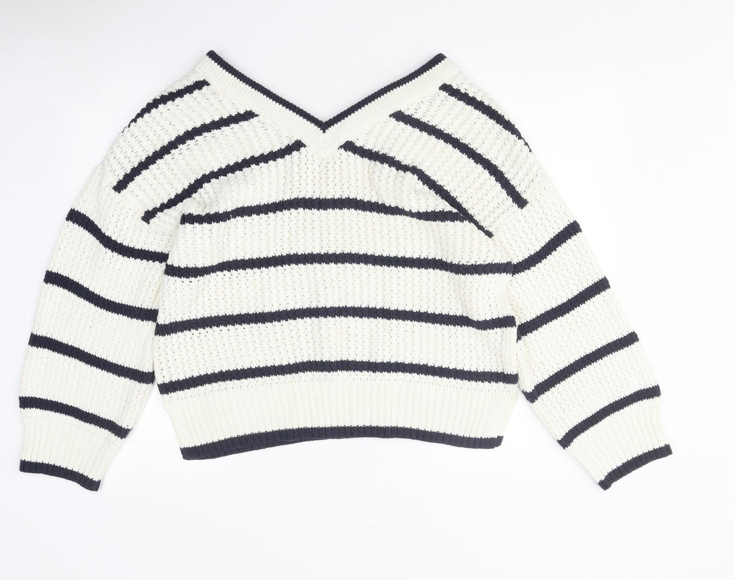 TU Womens White V-Neck Striped Polyester Pullover Jumper
