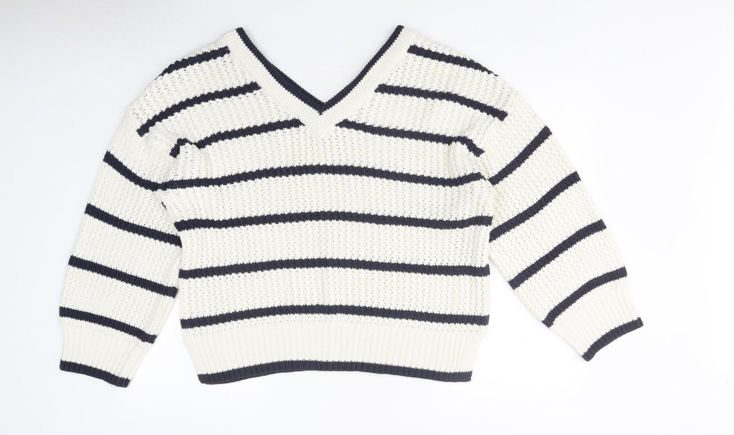 TU Womens White V-Neck Striped Polyester Pullover Jumper