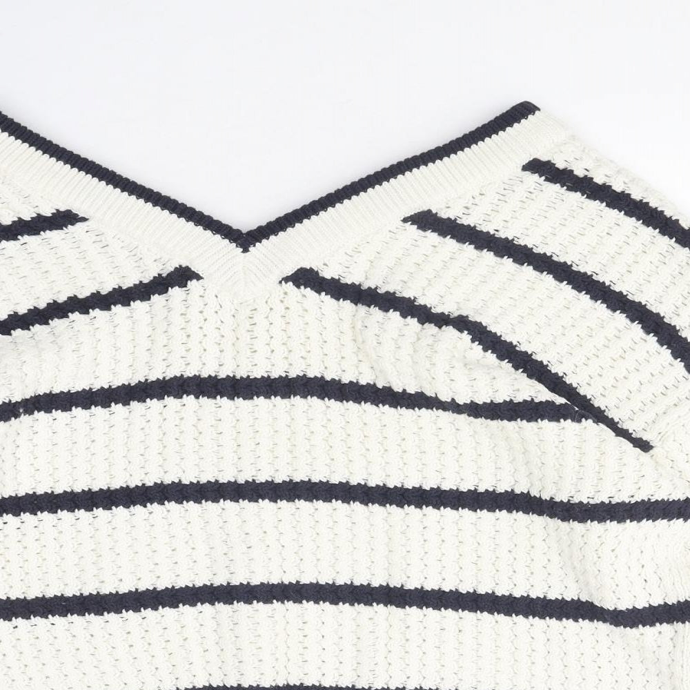 TU Womens White V-Neck Striped Polyester Pullover Jumper