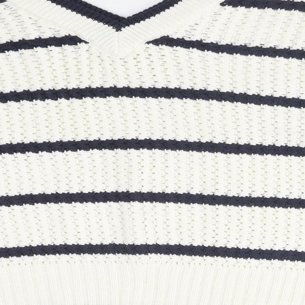 TU Womens White V-Neck Striped Polyester Pullover Jumper