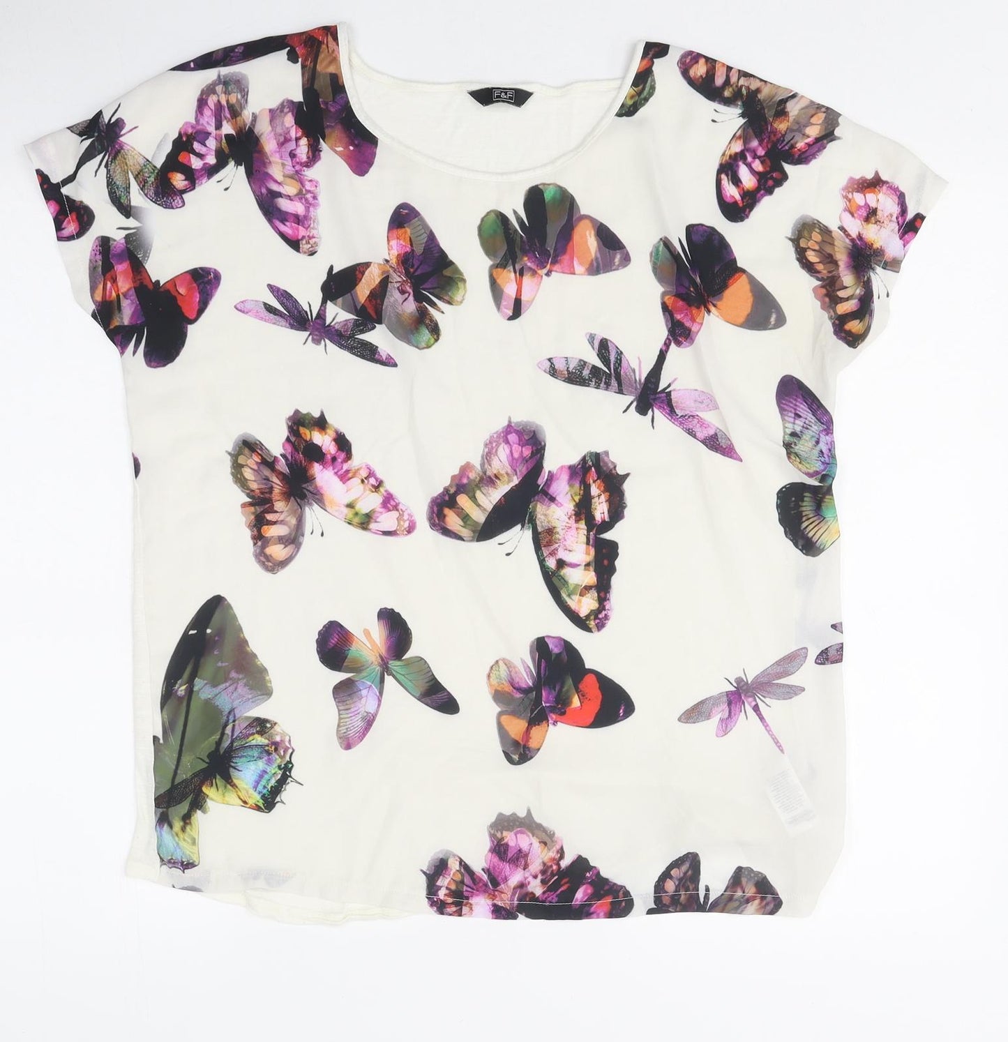 F&F Womens White Geometric Polyester Basic T-Shirt Size 14 Round Neck - Butterfly Print