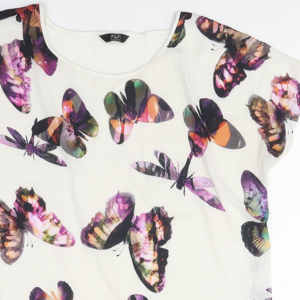 F&F Womens White Geometric Polyester Basic T-Shirt Size 14 Round Neck - Butterfly Print