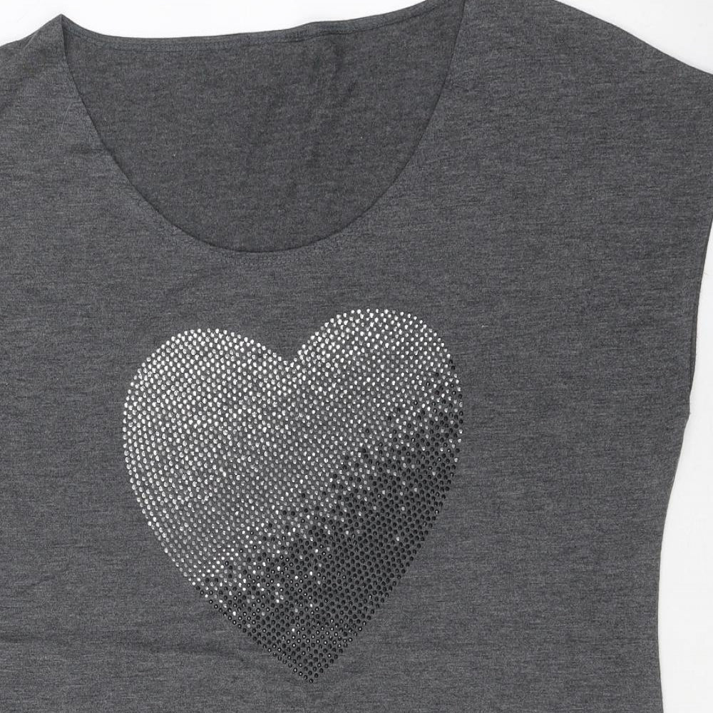 New Look Womens Grey Polyester Basic T-Shirt Size 14 Round Neck - Heart