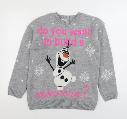 Front view of Preworn women’s grey round neck geometric acrylic jumper, size S, - olaf frozen