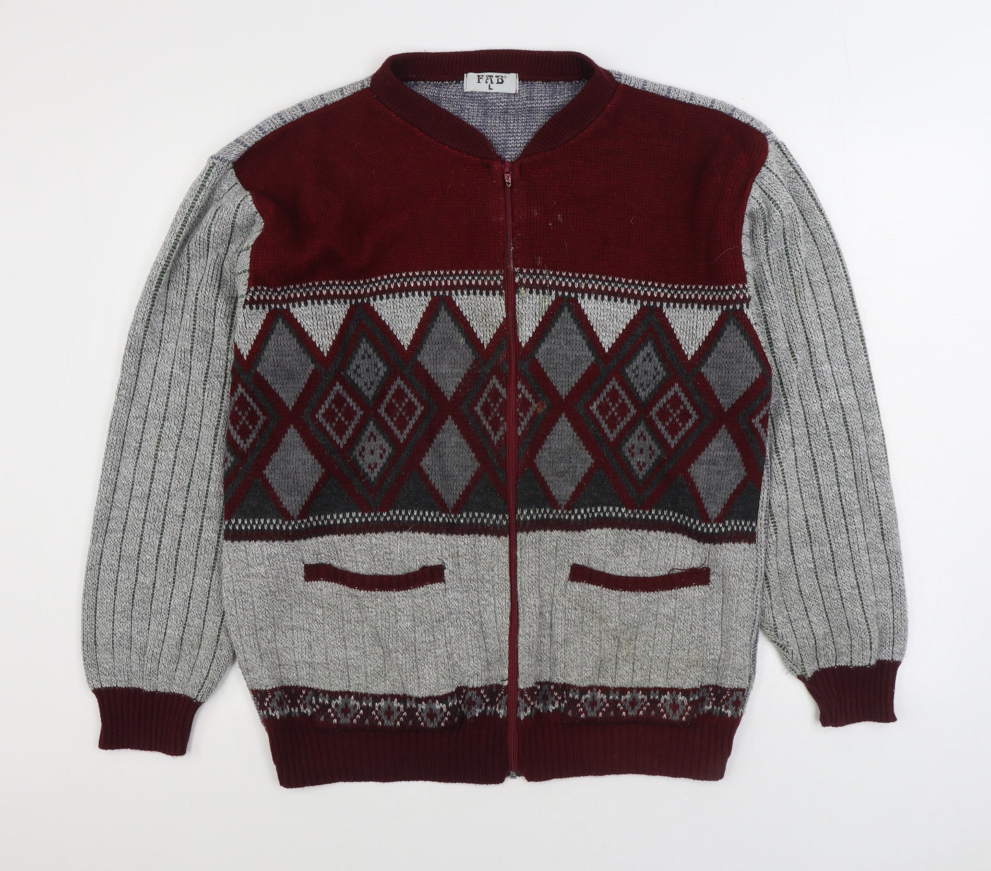 Fab Mens Multicoloured V-Neck Geometric Acrylic Full Zip Jumper Size L