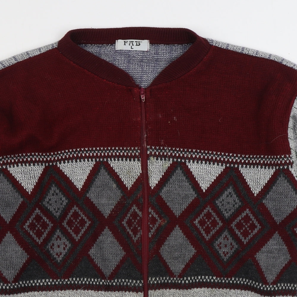 Fab Mens Multicoloured V-Neck Geometric Acrylic Full Zip Jumper Size L