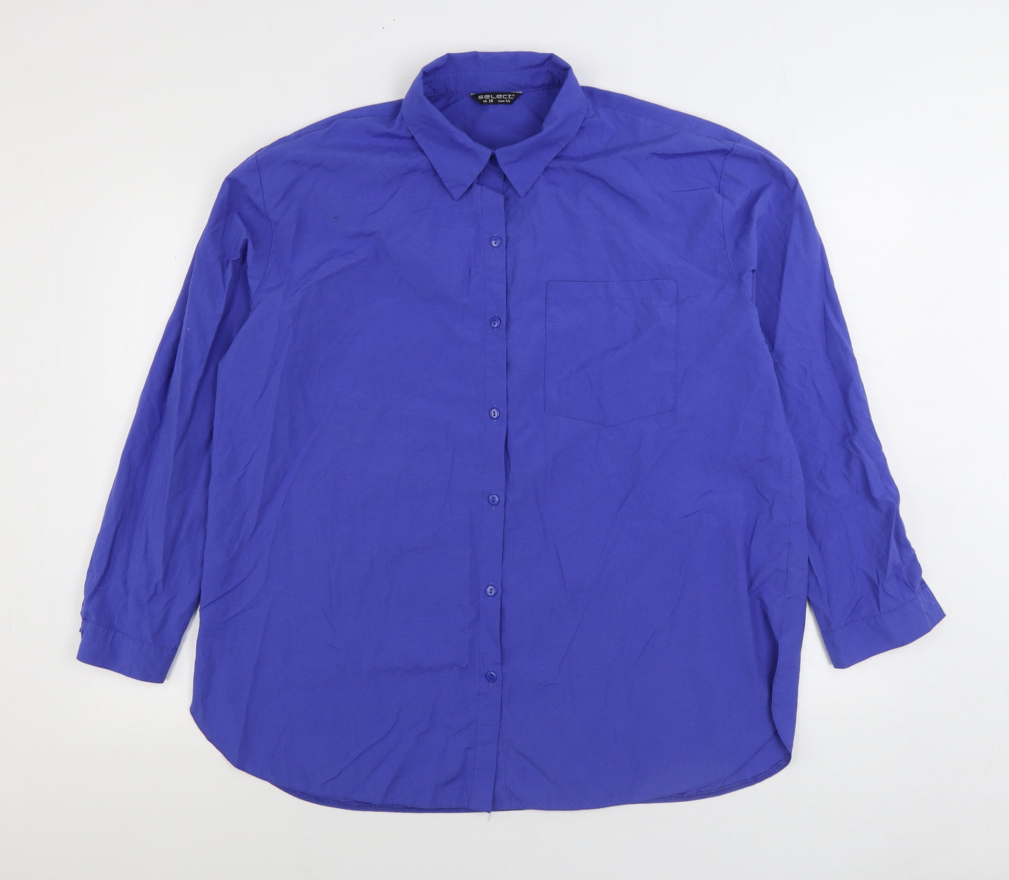 Select Womens Blue Cotton Basic Button-Up Size 16 Collared