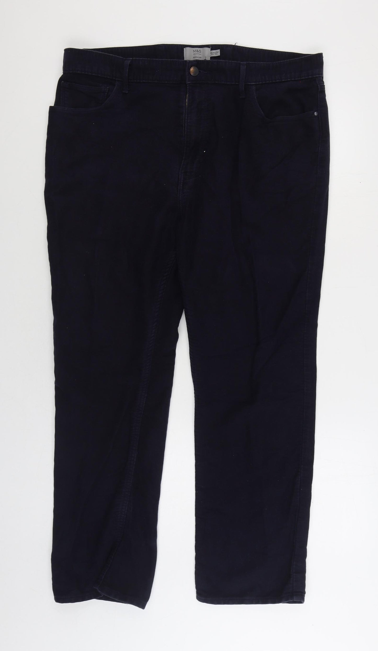Marks and Spencer Mens Blue Cotton Trousers Size 38 in L29 in Regular Zip