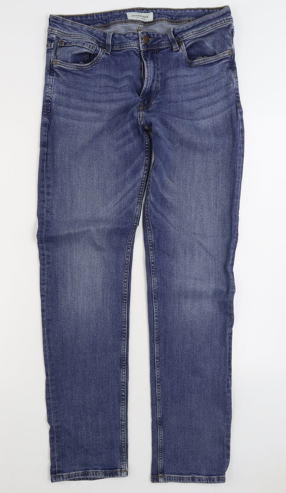 Stock & Hank Mens Blue Cotton Straight Jeans Size 32 in L34 in Slim Zip