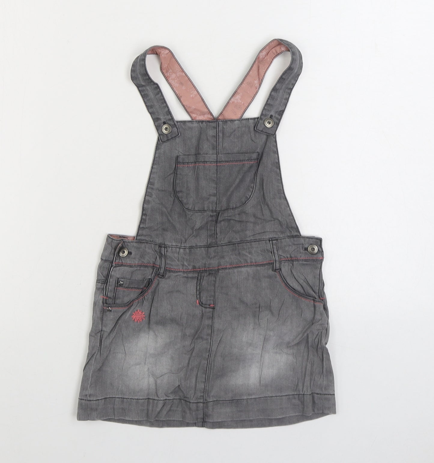 Vertbaudet Girls Grey Cotton Pinafore/Dungaree Dress Size 8 Years Square Neck Buckle