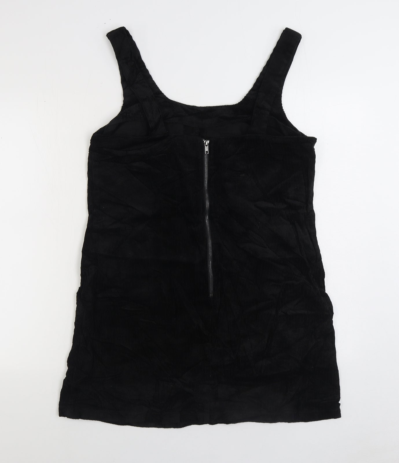 New Look Womens Black Cotton Pinafore/Dungaree Dress Size 14 Scoop Neck Zip