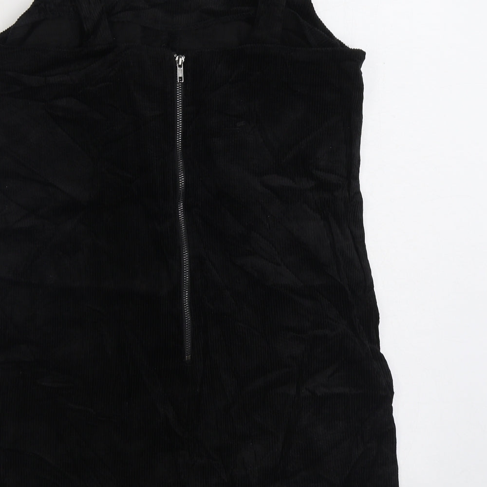 New Look Womens Black Cotton Pinafore/Dungaree Dress Size 14 Scoop Neck Zip