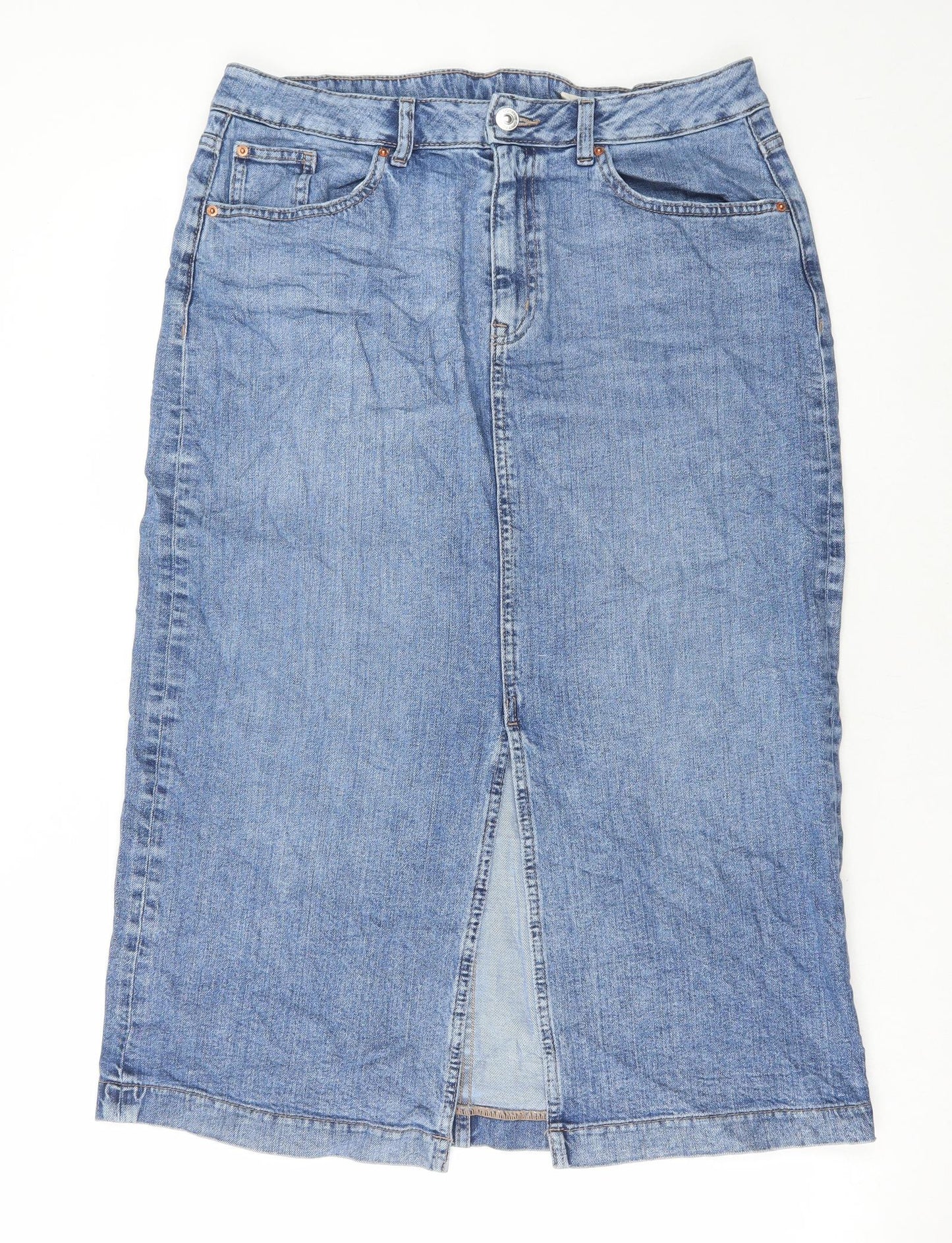 Marks and Spencer Womens Blue Cotton A-Line Skirt Size 14 Button