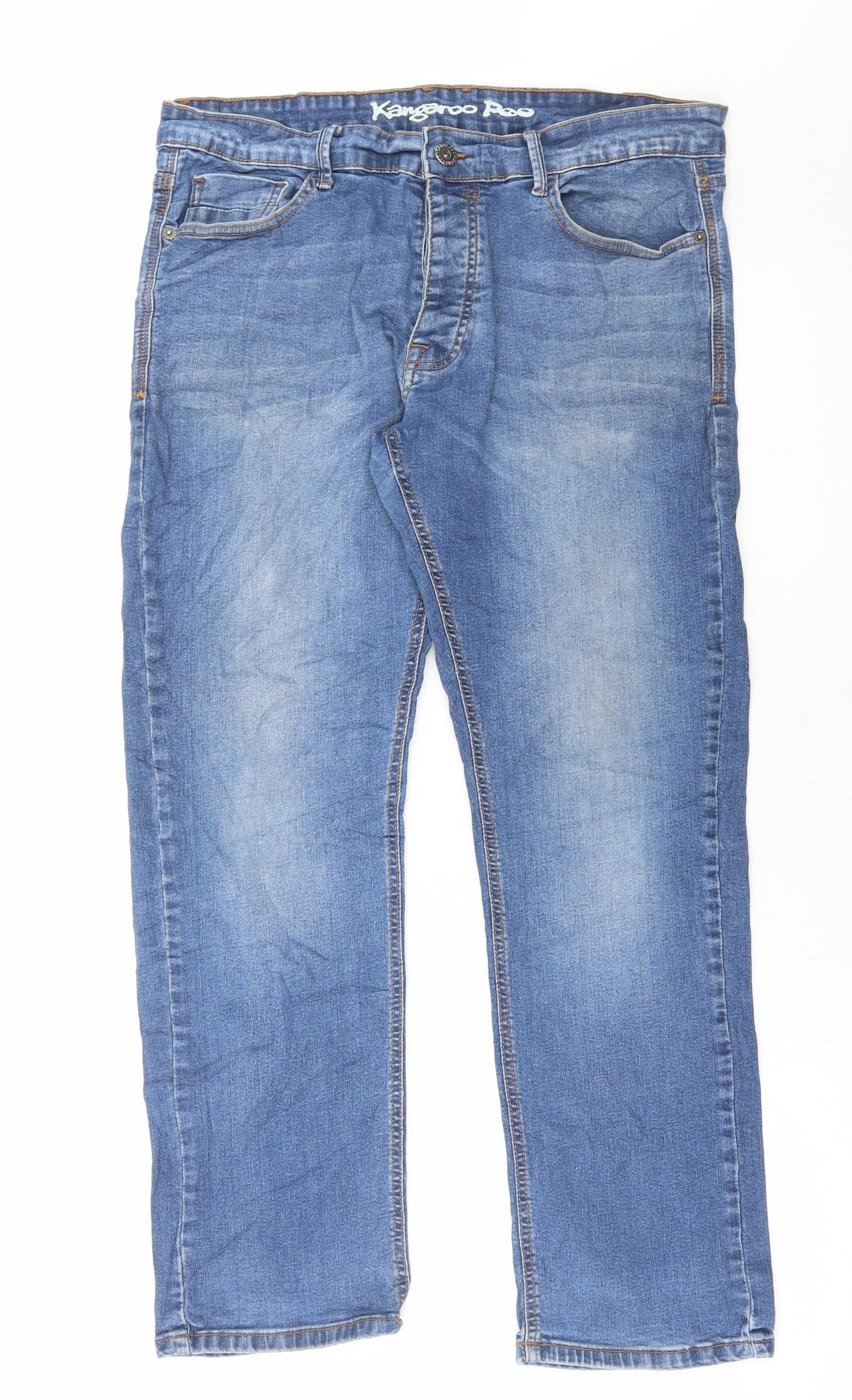 Kangaroo Poo Mens Blue Cotton Straight Jeans Size 34 in L29 in Regular Button