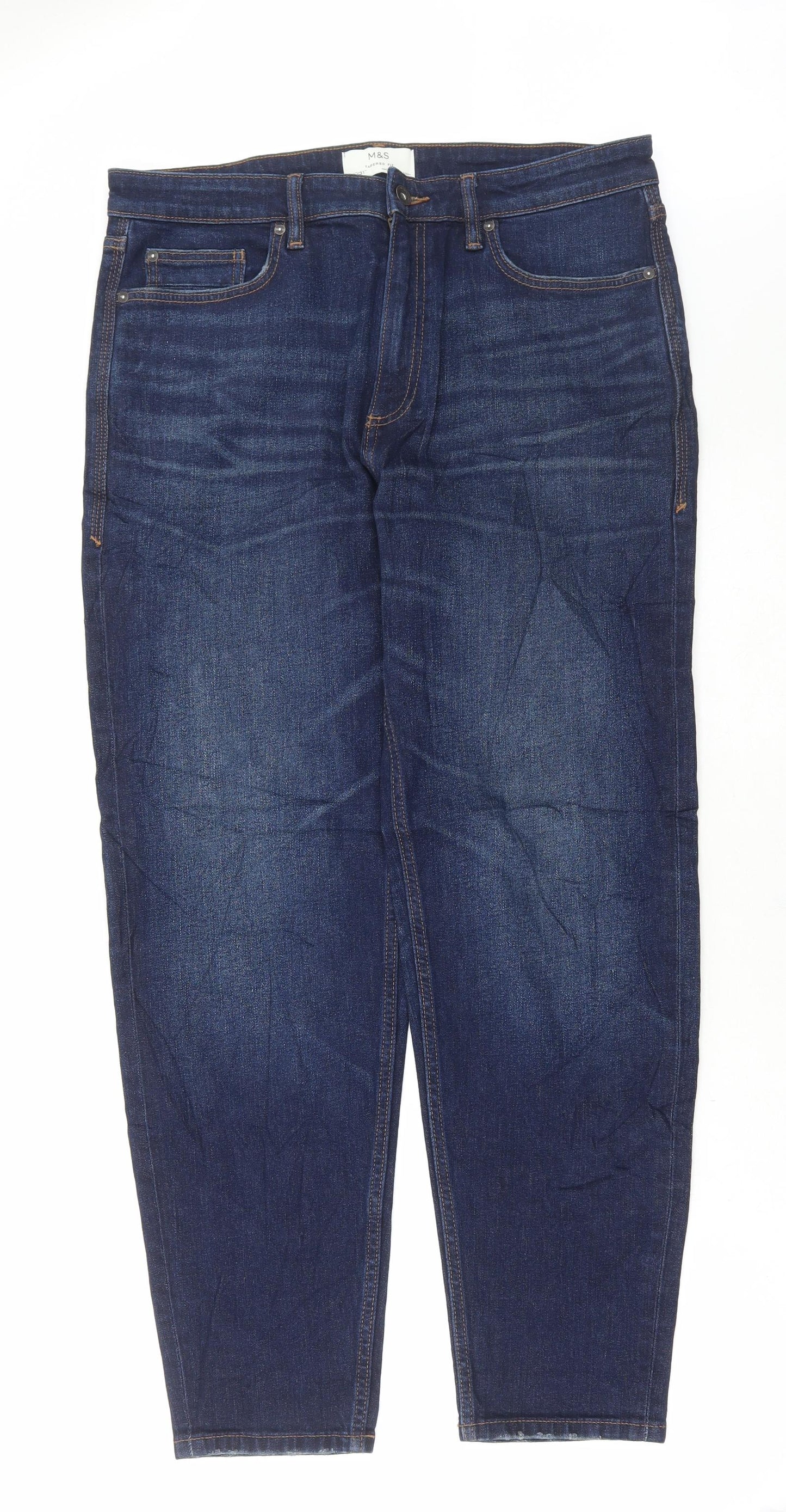 Marks and Spencer Mens Blue Cotton Straight Jeans Size 34 in L31 in Regular Button