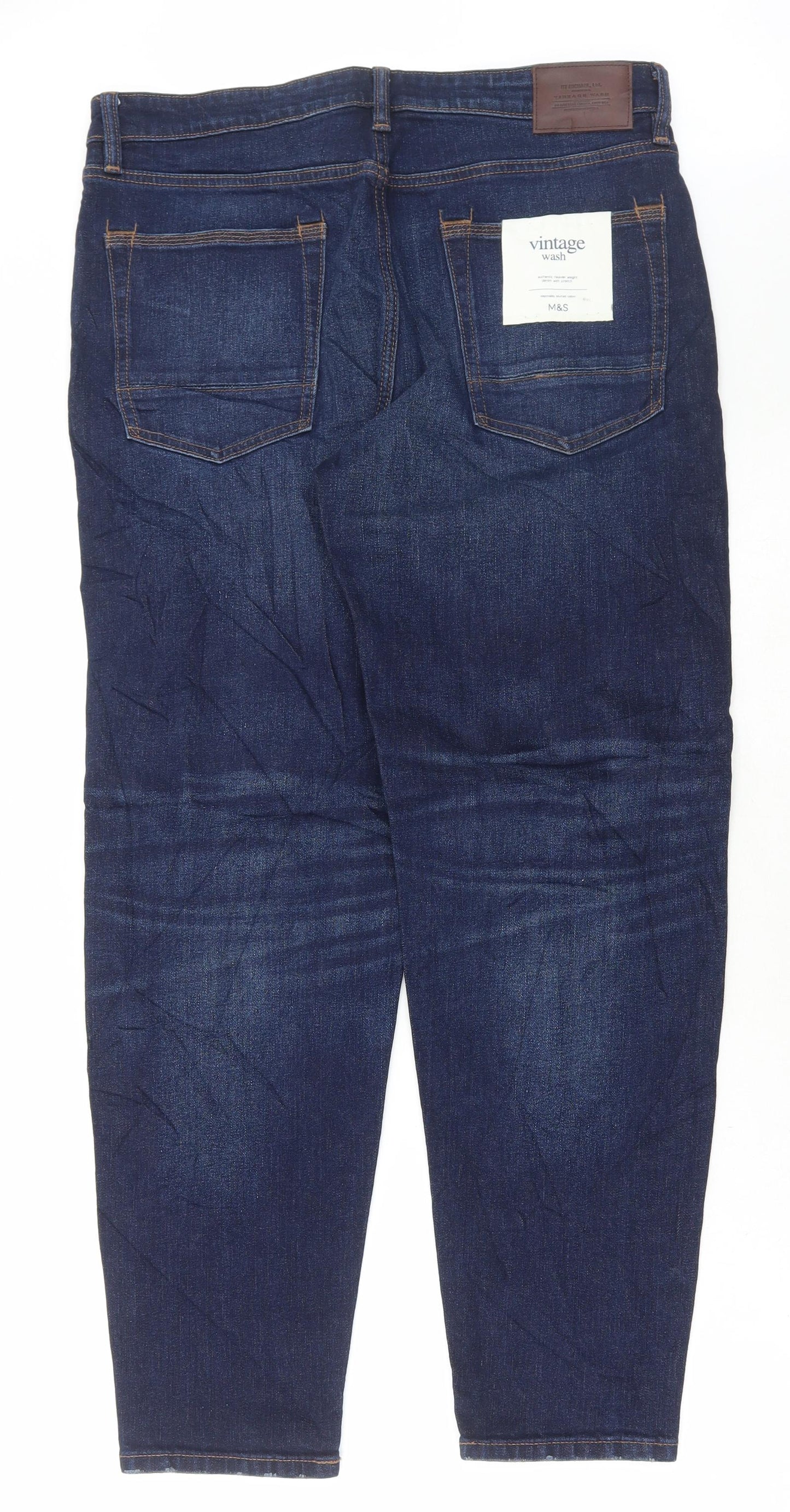 Marks and Spencer Mens Blue Cotton Straight Jeans Size 34 in L31 in Regular Button