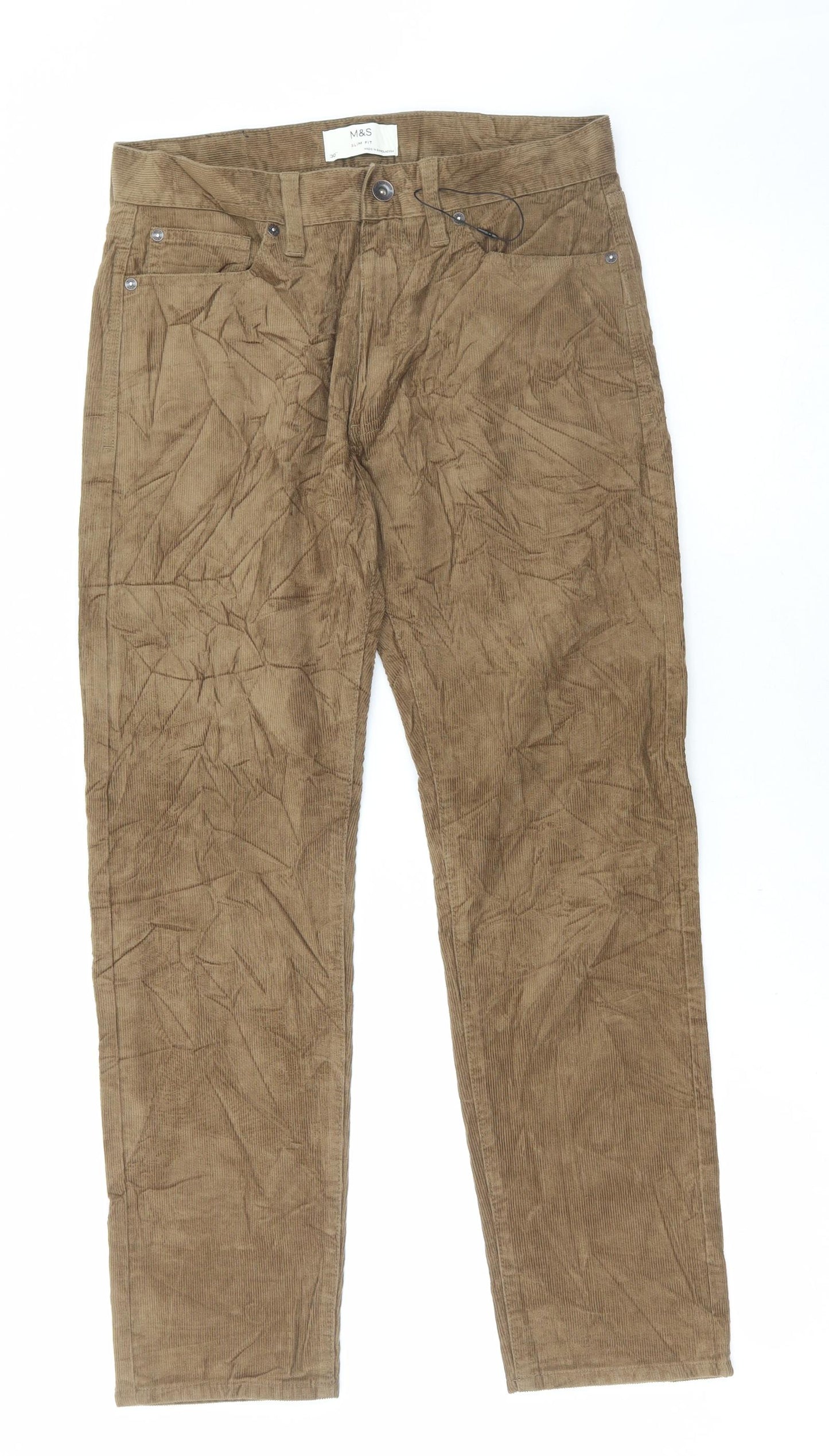 Marks and Spencer Mens Brown Cotton Trousers Size 30 in L28 in Regular Button