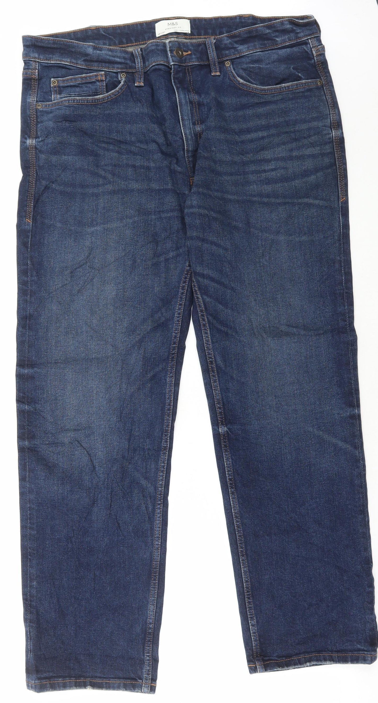 Marks and Spencer Mens Blue Cotton Straight Jeans Size 38 in L31 in Regular Button