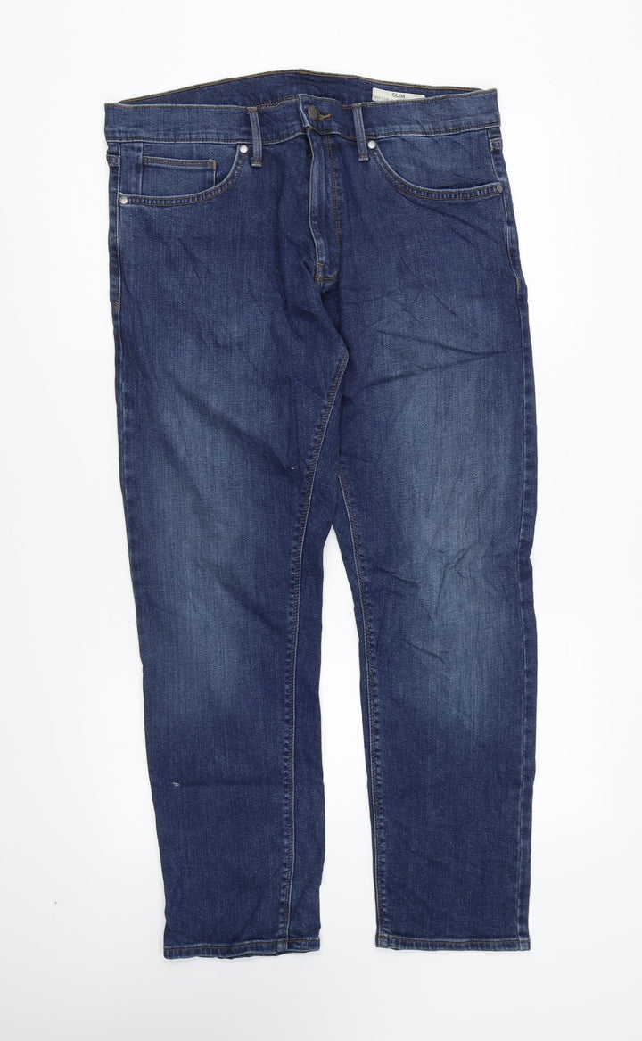 Marks and Spencer Womens Blue Cotton Straight Jeans Size 34 in L29 in Regular Zip