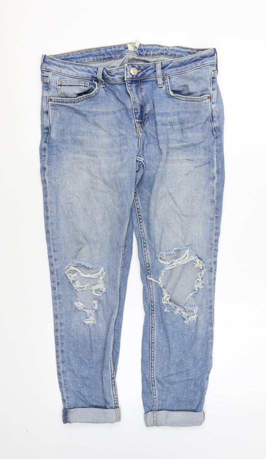 Front view of Topshop women’s blue cotton mom jeans, size UK 28, in, 30-inch leg regular zip