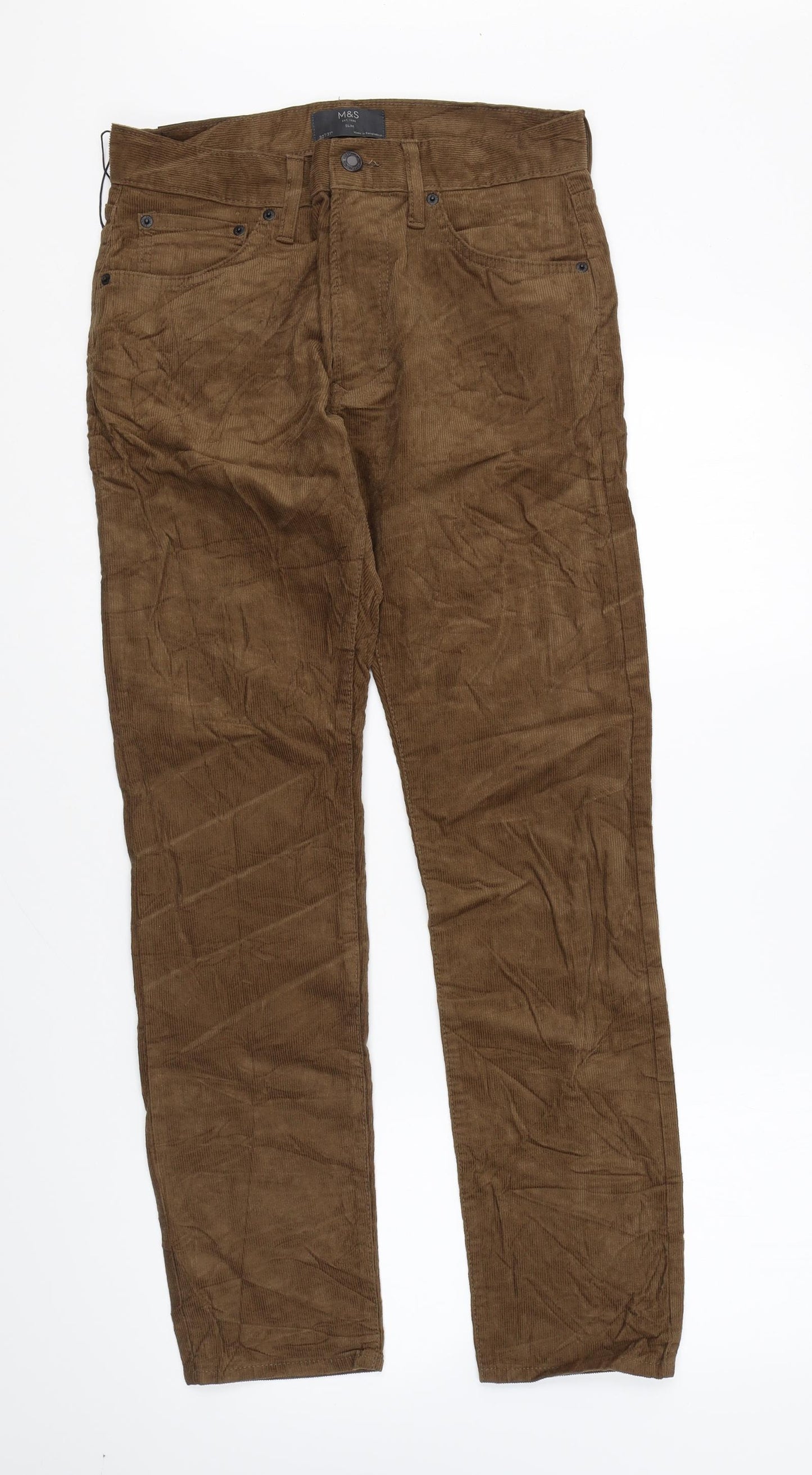 Marks and Spencer Mens Brown Cotton Trousers Size 30 in L31 in Regular Zip